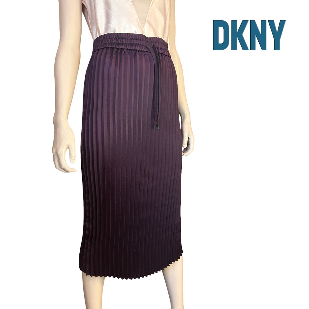 DKNY Knife Pleated Pencil Skirt High Leg Slit Burgundy Elastic Waist - Picture 12 of 14